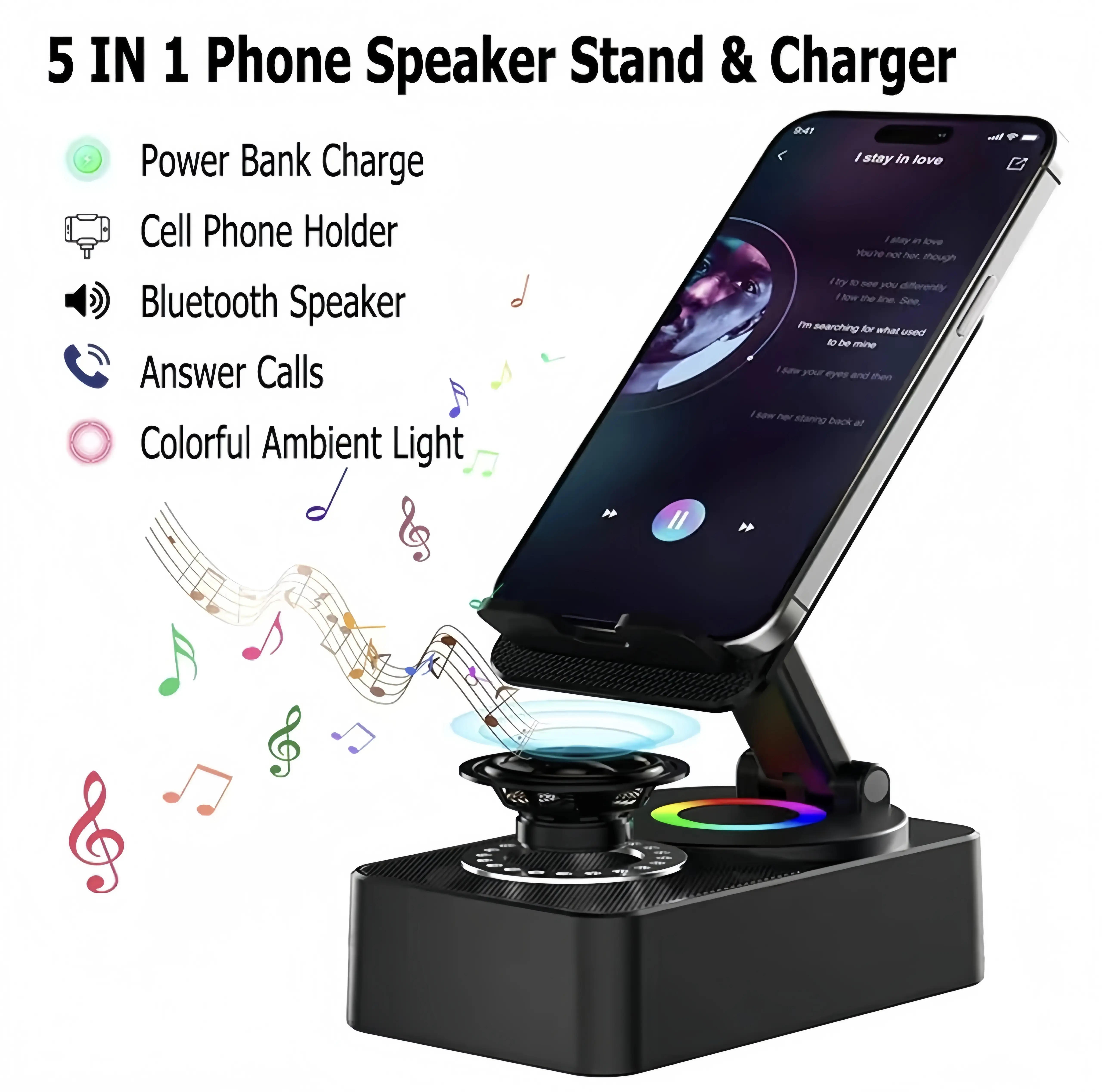 5-in-1 Power Bank with Wireless Induction Audio Bluetooth Speaker and Cellphone Stand, Emergency Rechargeable (1500mAh), 5.3 HD Surround Subwoofer Sou