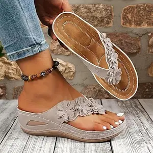 Orthopedic Sandals with Arch Support Flip Flops for Women Flower Platform Wedge Sandals Soft Cushion Comfortable Dressy Slip on Thong Sandals Slippers for Summer Vacation Walking