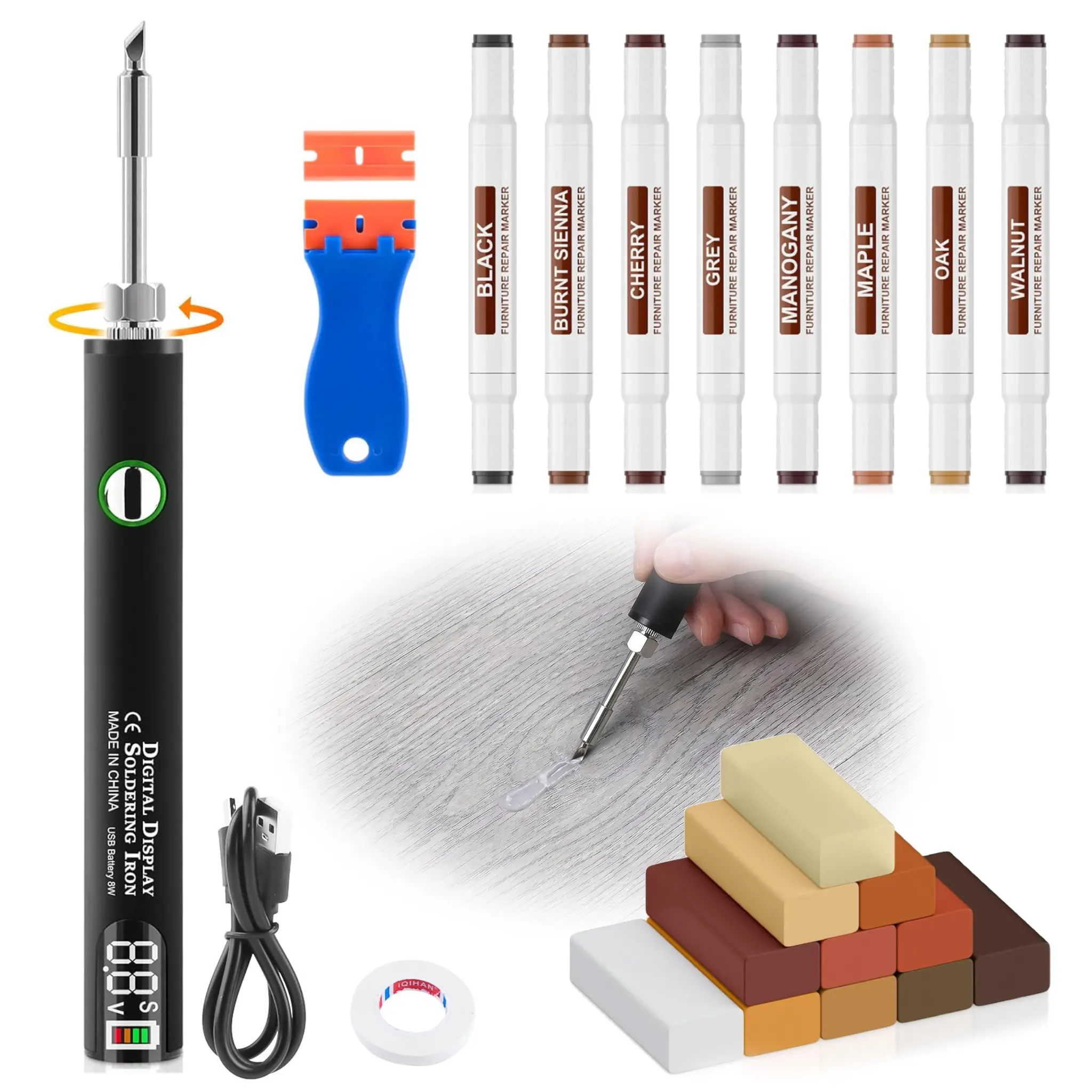Household Multi-Surface Floor & Wood Repair Kit - Smooth Vinyl Scratch Repair, Furniture Restoration, Claw Damage Fix, Wax Blocks, Digital Display Heat Pen Waxing Tool