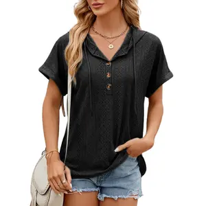 Dokotoo Sweatshirts for Women Spring Summer Hollow Out Hoodies Drawstring Button V Neck Short Sleeve Pullover Sweatshirt