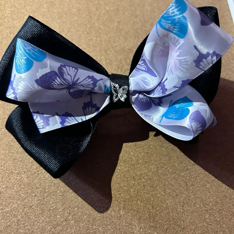 Butterfly Hair Bow with Blue and Purple Floral Design and Black Ribbon Accents for Stylish Hair Accessory