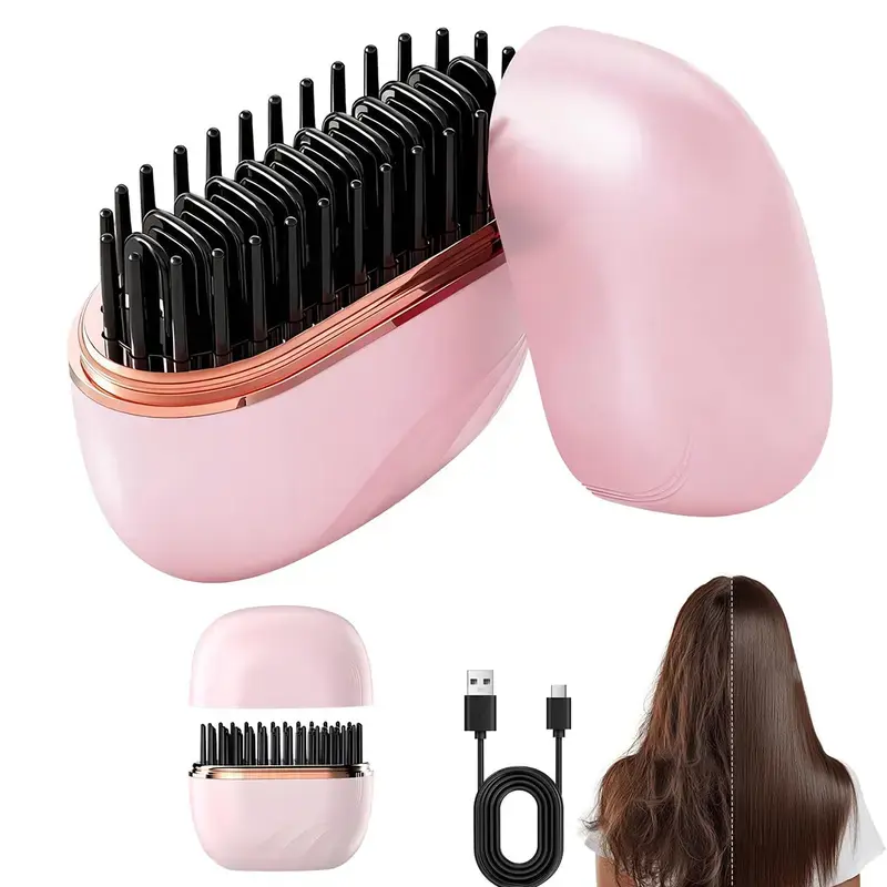 Mini Portable Hair Straightening Brush, Cordless and Lightweight Hot Comb with 3 Temp Settings, Ideal Travel Gift for Women, Heated Hair Straightener, Gym, Fast Heat Ready, 3 Temp Modes