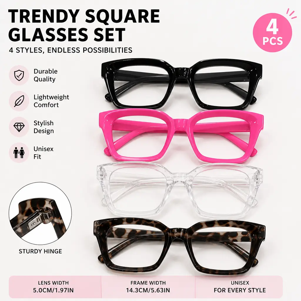 Women's 4-Pack Square Non-Prescription Blue Light Glasses - Plastic Frames, Metal Hinge, Polycarbonate, Daily Wear, Office Use
