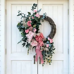 American Vintage Hydrangea Wreath, Mother's Day Gift, Summer Porch Wall Decor, Artificial Greenery Vine Circle, All-Season Use