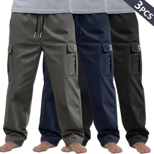 Clean Gent 3-pack men’s loose solid-color cargo pants with pockets and drawstring, casual comfortable long pants suitable for everyday outdoor wear, street style, all-season wear