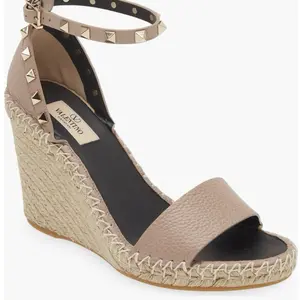 Valentino Rockstud Espadrille Wedge Sandal - Beige Leather with Ankle Strap and Espadrille Size 41