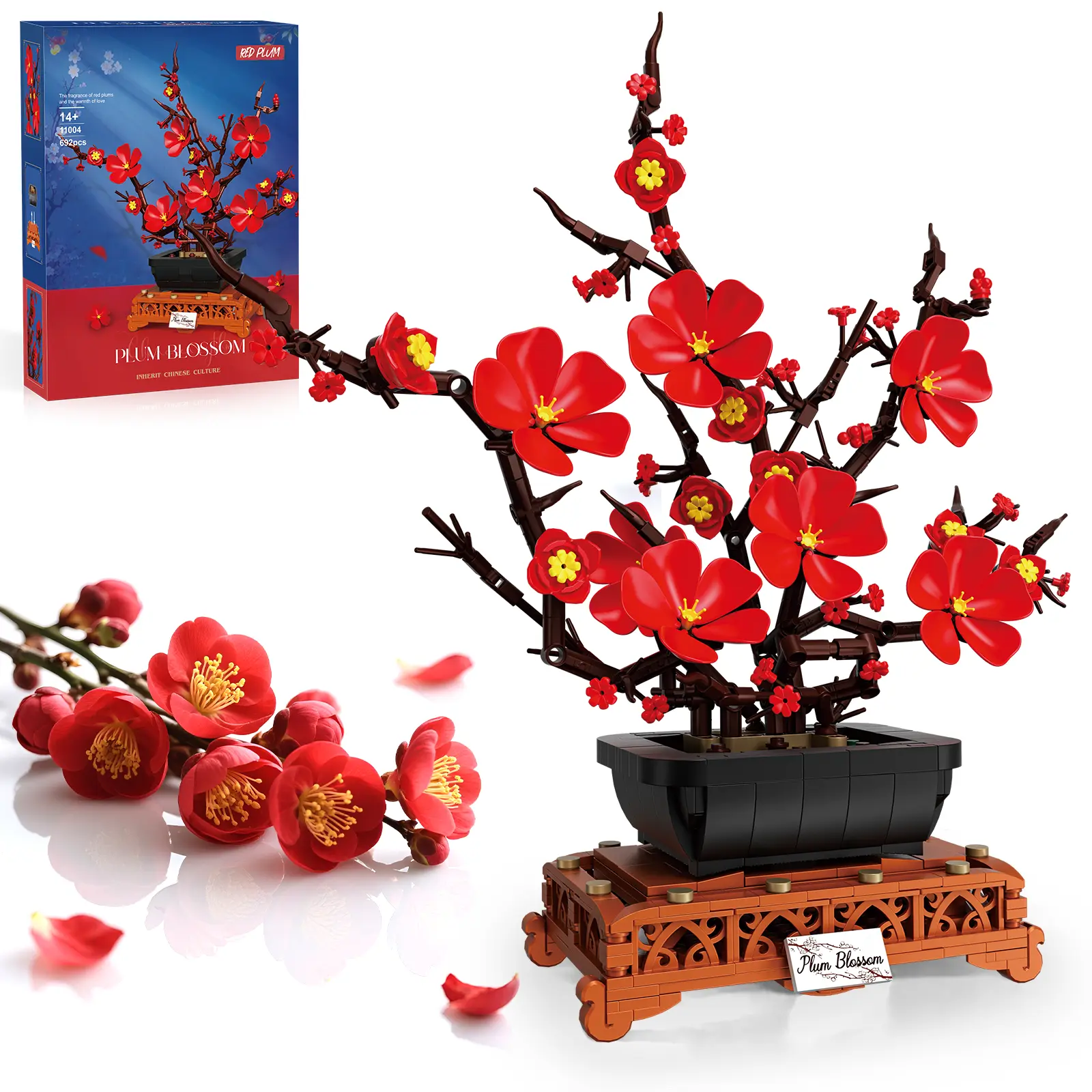 Plum Blossom Bonsai Building Set Valentine's Day gifts Flowers Botanical Collection for Adults Women Girls 14+ Living Room Home Office Decor Red，vdaygift,gifts for mother,Mother's Day Gift