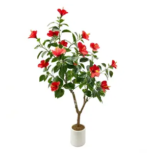 4FT / 5FT Artificial Tree with Red Flowers. Tall Faux Indoor Plant with Realistic Leaves & Large Trunk. Blooming Tree in White Planter for Home. Living Room. Office. Porch. or Patio Decor