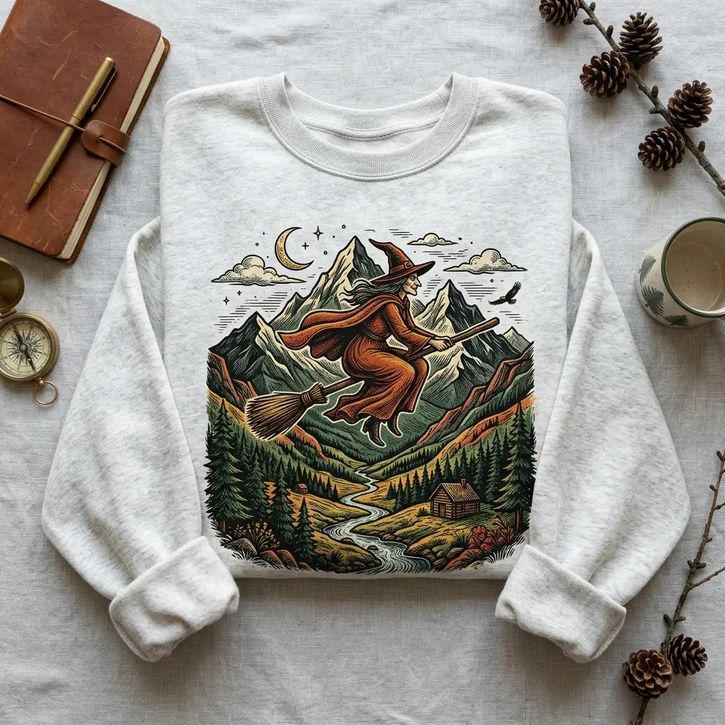 Women's Witch Flying Over Mountains Pullover Sweatshirt, Unisex Gildan 1800, Cotton Fabric