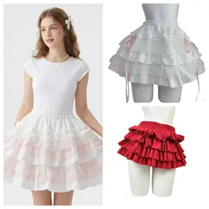 Pink 2026 Ballet Tutu Skirt for Girls Sweet Lace Layered Short Skirt Petite High Waist Princess Skirt Lolita Style Daily Casual Party Wear