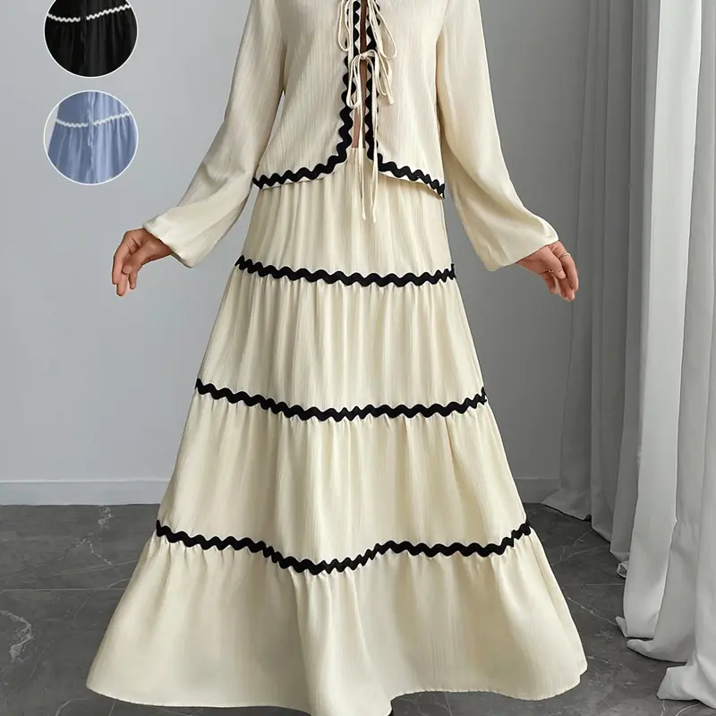 Women's Colorblock Tie Front Top & Skirt Two-piece Set, Matching Outfit, Elegant Chic Fashion Casual Bishop Sleeve Top & Long Skirt for Daily Outdoor Wear, Women's Clothing for Spring & Fall, Womenswear