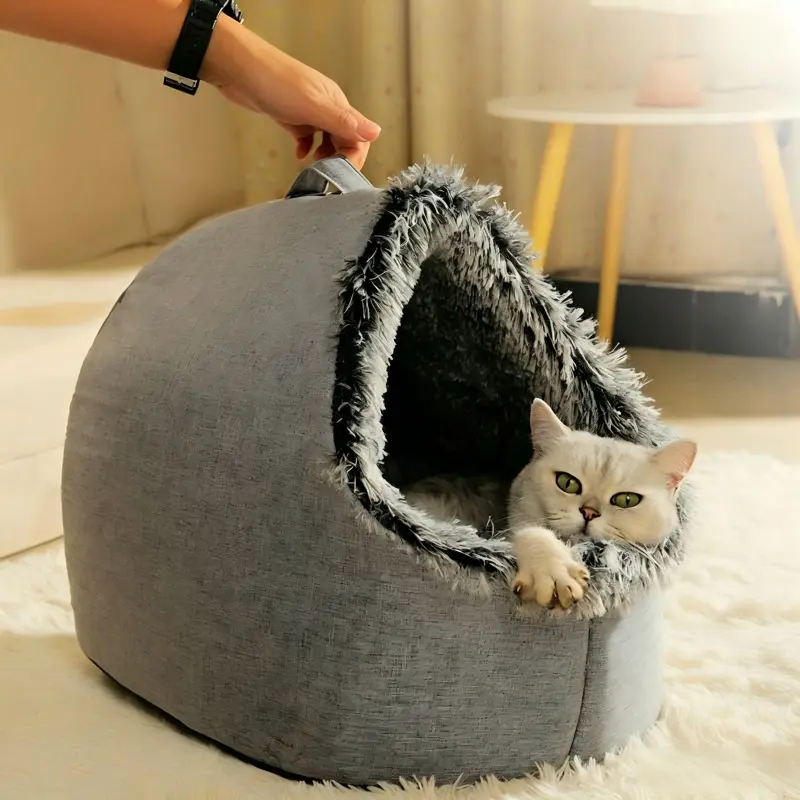BOOTEELY Soft Polyester Plush Cat Bed - Secure Enclosed Den, Cozy Kitten Condo, Detachable Modern Lodge-Style Nest, Portable Indoor Warm Spot Cozy Shelter for Cats & Kittens