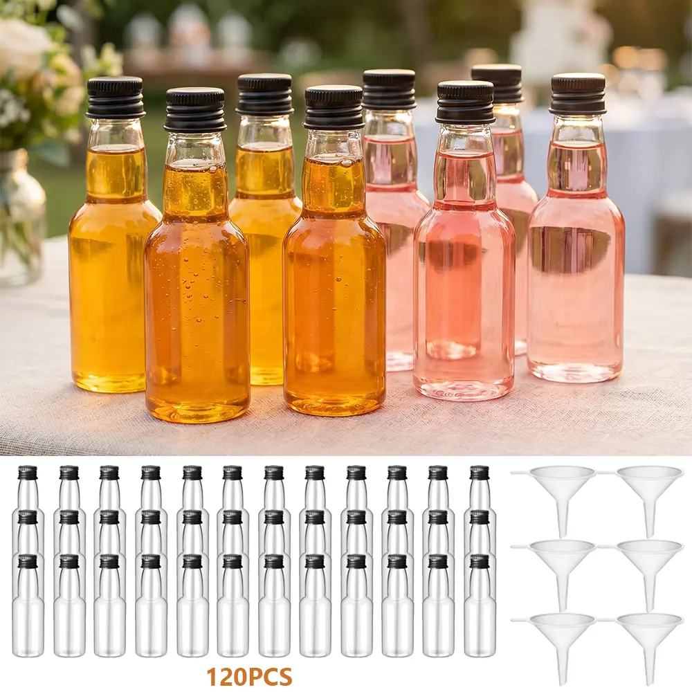 120 Pack 2 oz Mini Liquor Bottles with Black Cap,Airtight Plastic Spirit Bottle with 6 Funnels, Plastic Alcohol Shot Bottles for Weddings, Party Supplies
