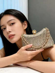 Women's Elegant Rhinestone Decorated Evening Bag, Exquisite Chain Strap Clutch Bag, Trendy Handbag for Party Decoration, Fashionable Shoulder Clutch