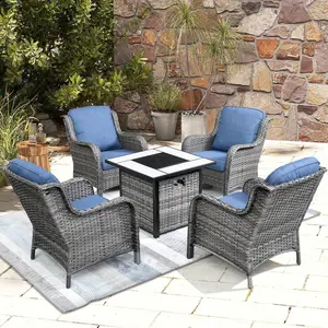 【Summer Vibes】OVIOS Kenard 5-Piece Outdoor Patio Furniture Set with 30" Fire Pit Table, Wicker Chairs Conversation Set with Cushions for Backyard Patio Porch Deck Garden Outdoor Seating