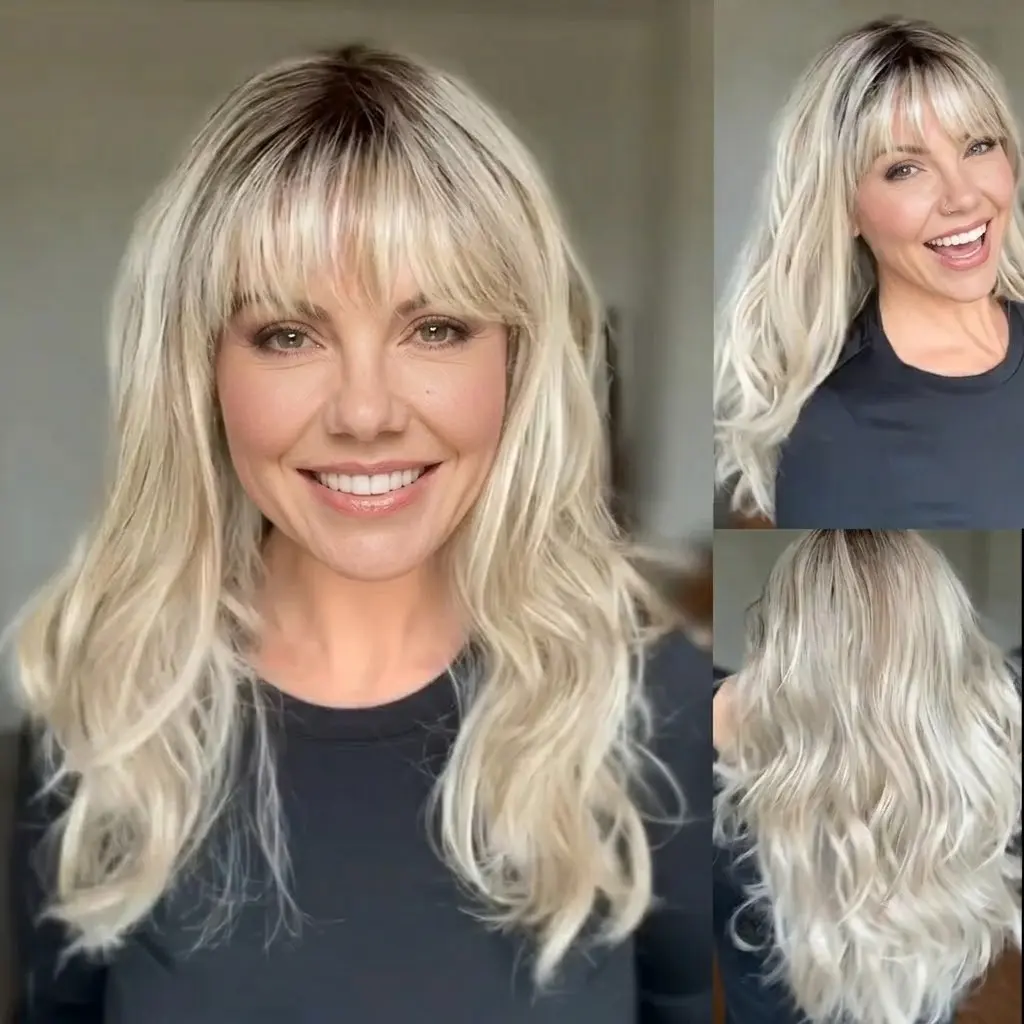 Imogen - Wigyy Glueless Wear & Go Long Wavy Blonde Wig with Bangs (Looks Real),  Pre-styled Glueless Wear and Go Long Wavy Blonde Wig with Bangs, Synthetic Daily Wig that Looks Real, Heat Friendly #SummerVibes