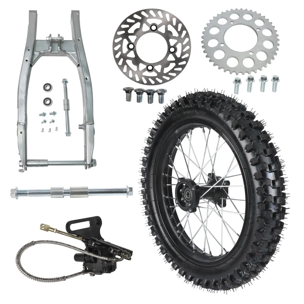 16" 90/100-16 Pit Bike Wheel with Disc Brake Rotor, 420 43T Rear Chain Sprocket, Brake Caliper, Rim Axle for Dirt Pit Pocket Rocket Monkey Trail Bike Scooter Offroad Motorcycle