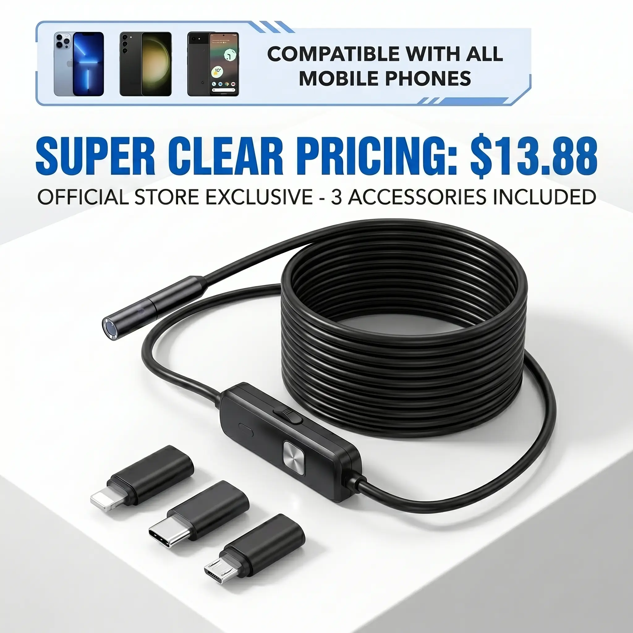 1920P HD Single-Lens IP67 Waterproof Inspection Snake Endoscope Camera, 8 Adjustable LEDs, 16.4ft Semi-Rigid Cable Borescope Tool for iOS & Android, Car Repair, DIY Home Repair, Narrow Tight Spaces