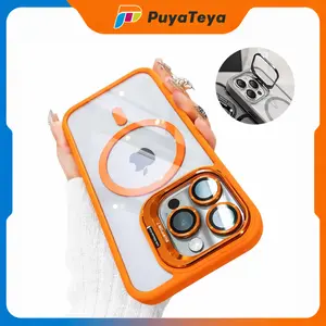 PuyaTeya 3-in-1 Magnetic Smartphone Casing - Shockproof, Metal Kickstand, Lens Protection Handheld Accessories for iPhone 15-17 Pro/Pro Max Outdoor Use