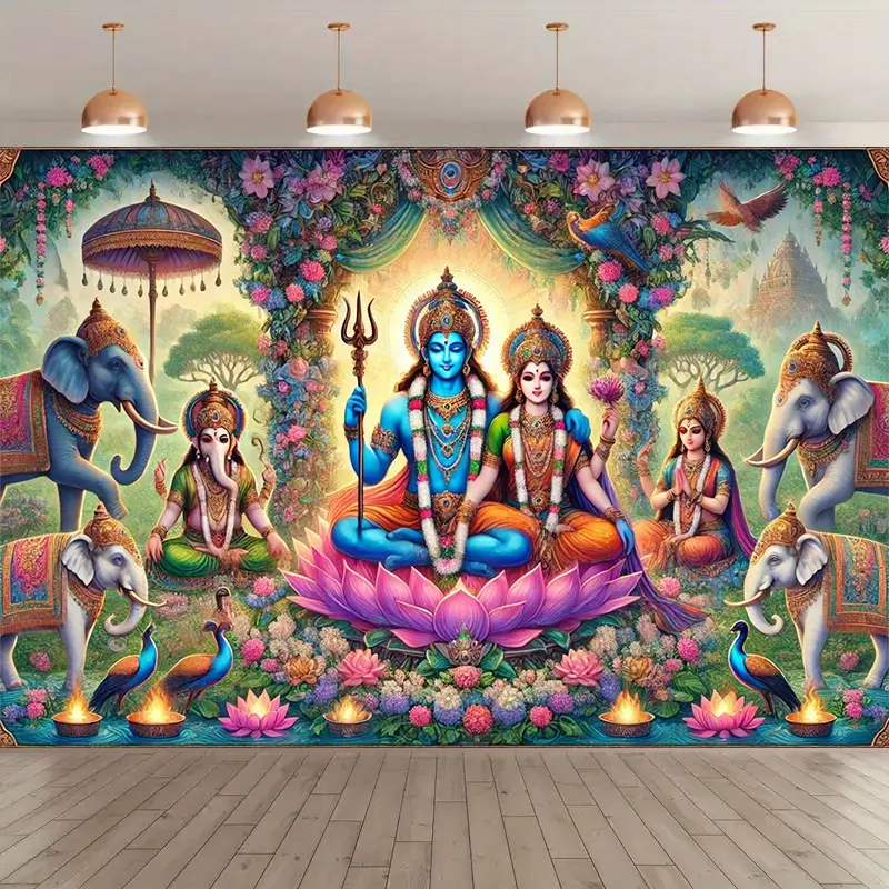 Hindu Deity Scene Tapestry - Multi-Size Rectangular Cultural Festival Celebration Backdrop, Polyester HD Print Wall Hanging, Wedding Decor, Photography/Studio Background