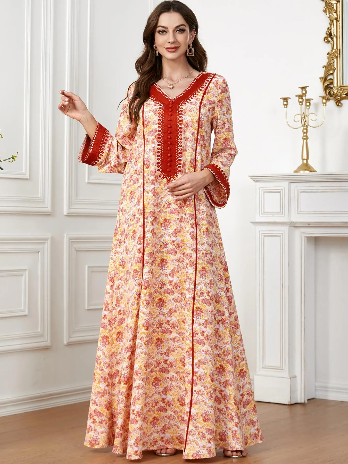 Women's Floral Print Long Sleeve Arabian Dress without Hijab, Modest Contrast Binding V Neck Dress for Women, Ladies Dress for Spring & Fall