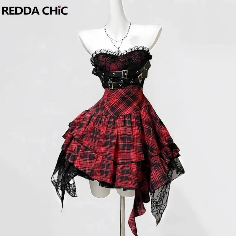 Women's REDDACHiC Sleeveless Alt Goth Belted Waist Mini Corset Costume Dress - Spider Web Lace, Tartan Plaid, Ruffled, Steampunk Retro Design with Leg Warmers Accessories (S/M/L, Festive Party Supplies, Lady's Party Wear)
