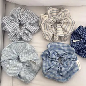 Retro Plaid Scrunchie Hair Tie, French Sky Blue Fabric Hair Band, Forest Style Daily Trendy Hair Accessory