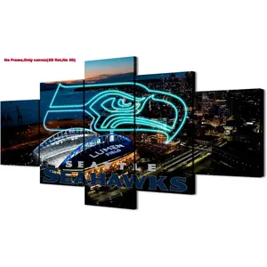 2D falt unframed Canvas Print Original Poster - Seattle Lumen Field With Seahawks Neon Sign - American football Wall Art Modern Cool Design for Home and Office Decor