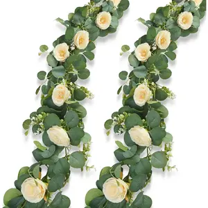 2 Pake 12FT Artificial Eucalyptus Flower Garland with 6 Champagne Roses, Fake Flower Vines Centerpieces for Tables, Spring Greenery Floral Garland for Mantle Wedding Backdrop Home Table Runner Decor