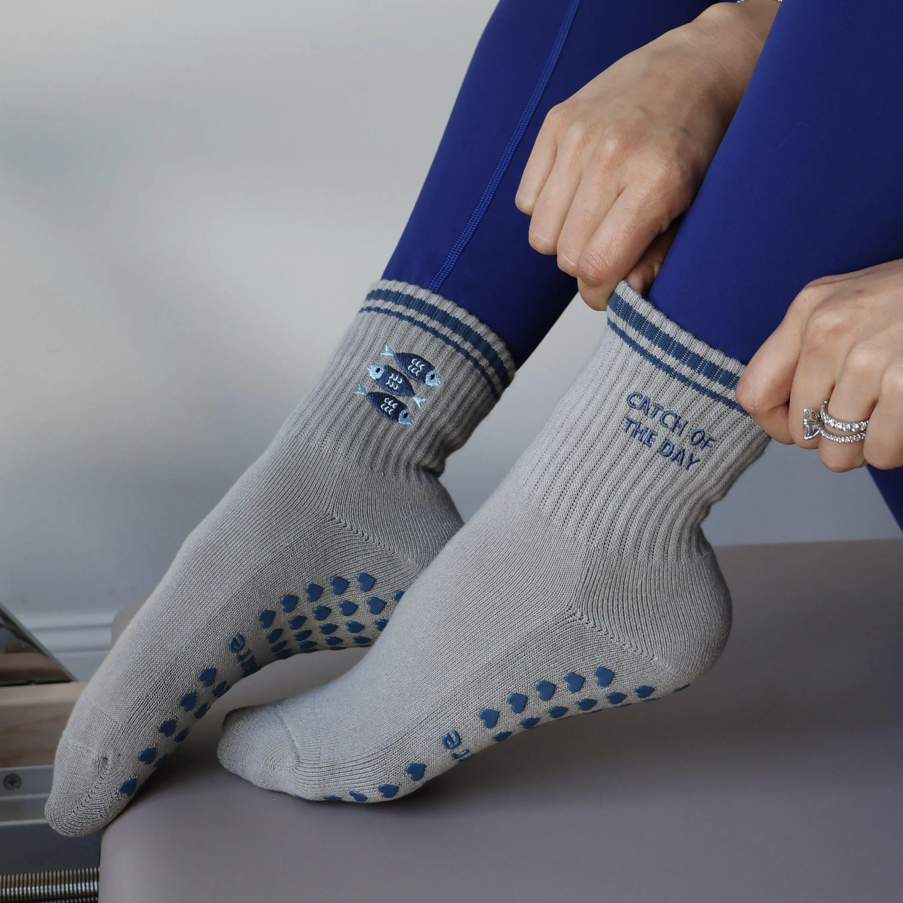 Catch of the Day Grip Socks- Grey Pilates Socks with Sardines - Sardine Barre Socks- Cute Grip Socks with Fish Tubesocks Grippy Socks Sports Grip Socks