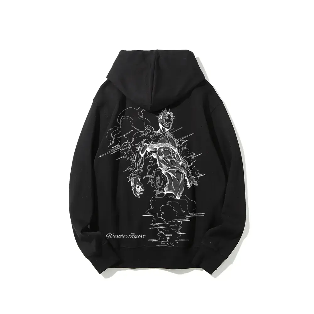 Men's Weather Report Hoodie - Menswear Long Sleeve Round Neck Sweatshirts, Gym Clean Fit Daily Essential Streetwear, Retro JJBA Stone Ocean Stand User Lowkey Style Tops