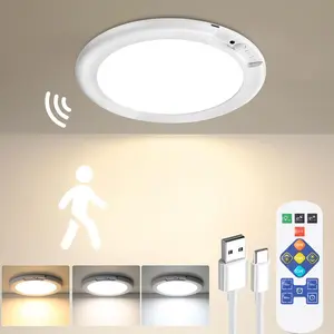 Battery Powered Motion Sensor Ceiling Light with Remote Control, Rechargeable Magnetic Closet Lamp 3 Color Temperatures Dimmable Timing Motion Stairs Light for Shower Pantry Porch Storage Room Garage