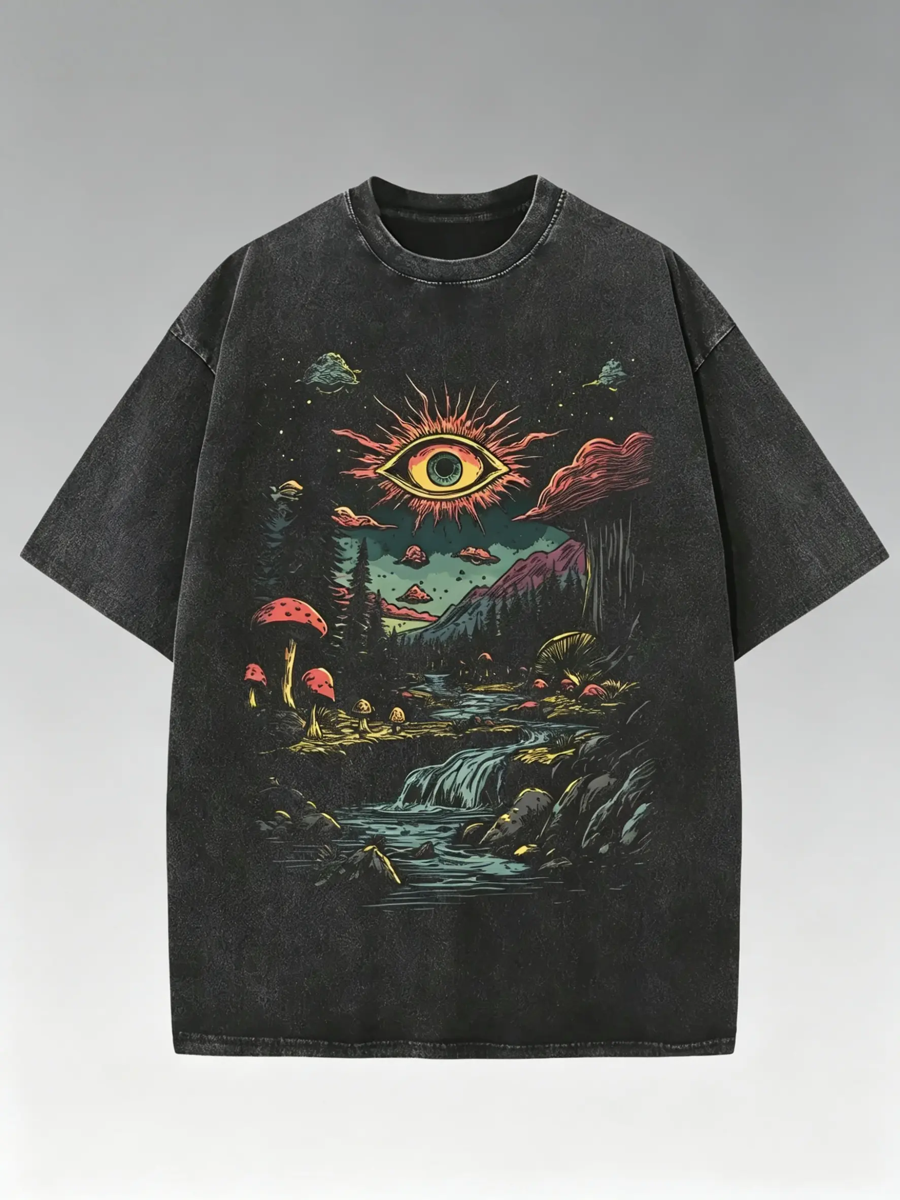 Men's Summer Casual Shortsleeve Round Neck 230G Washed Distressed T-Shirt, "Fantasy Forest And Sun Eye" Wax Printed Cotton, Festive Halloween Y2K Soulja Gothic Vintage Streetwear Tee, Great Gift for Outdoor Activities