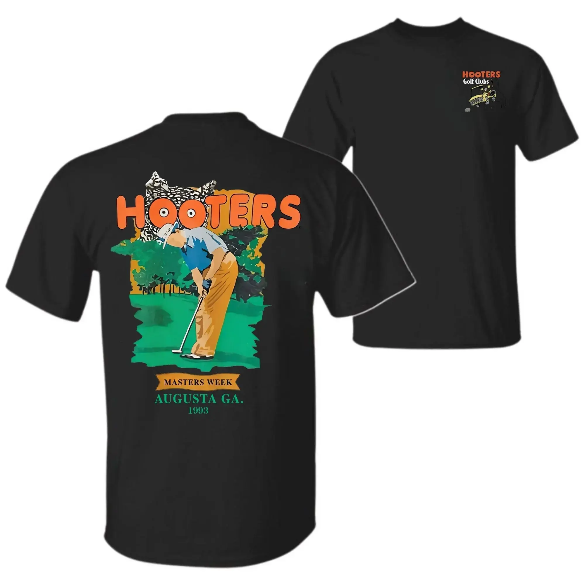 Dual Sided Vintage 1993 Hooters Augusta Golf Graphic Tee Soft Cotton Unisex Crewneck Retro Golfer Scene Casual Black Short Sleeve T-Shirt
