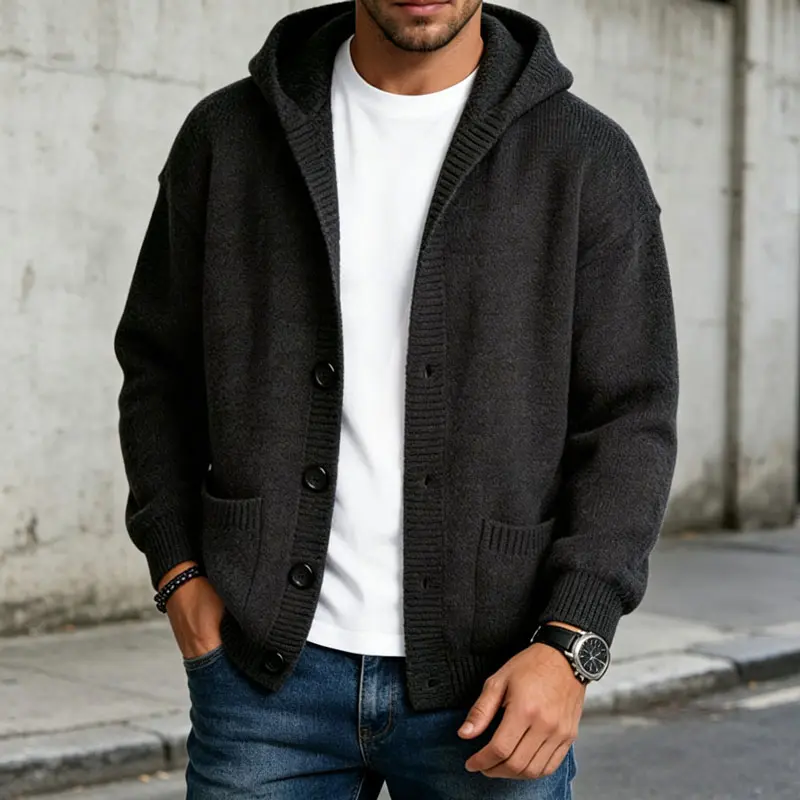 Men’s Stylish Hooded Button-Down Long Sleeve Knit Cardigan Jacket, Loose-Fit Casual Menswear Outerwear with Side Pockets, Soft Comfortable Street-Style Sweatshirt Coat for Fall/Winter Everyday Wear, Layering