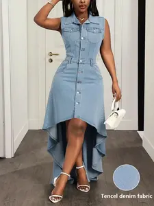 Sleeveless Denim Maxi Dress for Women, Casual Summer Style with Lapel Collar, Single-Breasted Waisted Fit and High-Low Hem