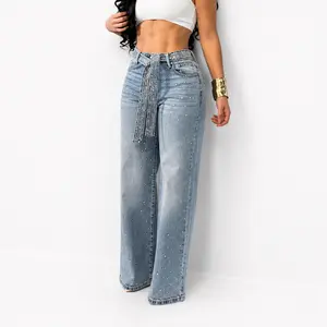 Women's Allover Rhinestone Decor High Waist Zipper Fly Jeans Casual Wide Leg Loose Fit Denim Pants with Rhinestone Decor Belt Blue Bottom