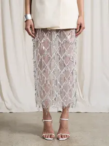 AiiRZ Embellished Pencil Maxi Skirt Wedding Reception Beaded Crystal Net Overlay Rhinestone Lattice Formal Occasion Evening Winter Holiday Party Skirt