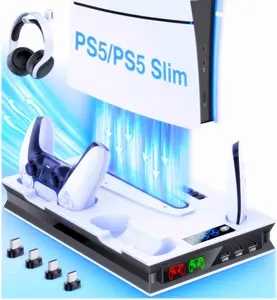 PS5 Slim Stand and Cooling Station with Dual Controller Charging for Playstation 5 Slim Digital Disc Edition, PS5 Console Accessories Vertical Stand with Headset Holder, 3 USB Hub, Cable
