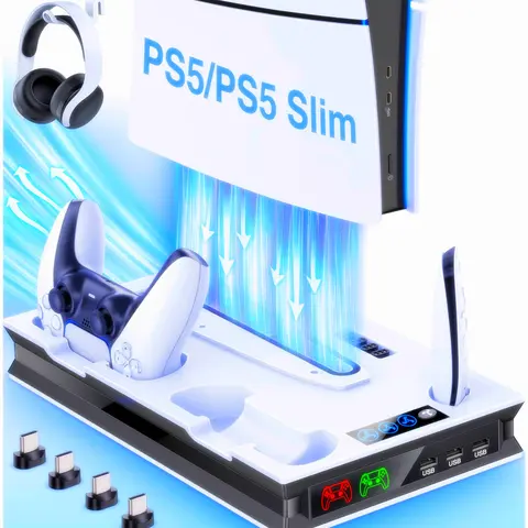 PS5 Slim Integrated Stand & 3-Level Cooling Station Accessory - Dual Charger, Headset Holder, 3 USB Ports, LED Light, 5V/2A AC Adapter, Overheat Guard, Compatible with PS5 Slim Digital/Disc Editions, Boyfriend Gift, Manufacturer Warranty, Ps5 Digital Edit