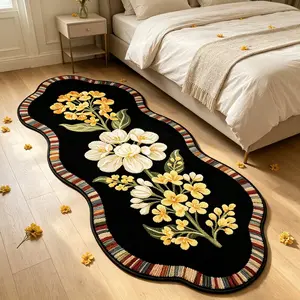American Vintage Wave Edge Floral Area Rug, Soft Comfortable Irregular Shape Carpet, Hand Wash Only, for Living Room Bedroom Kitchen Decor