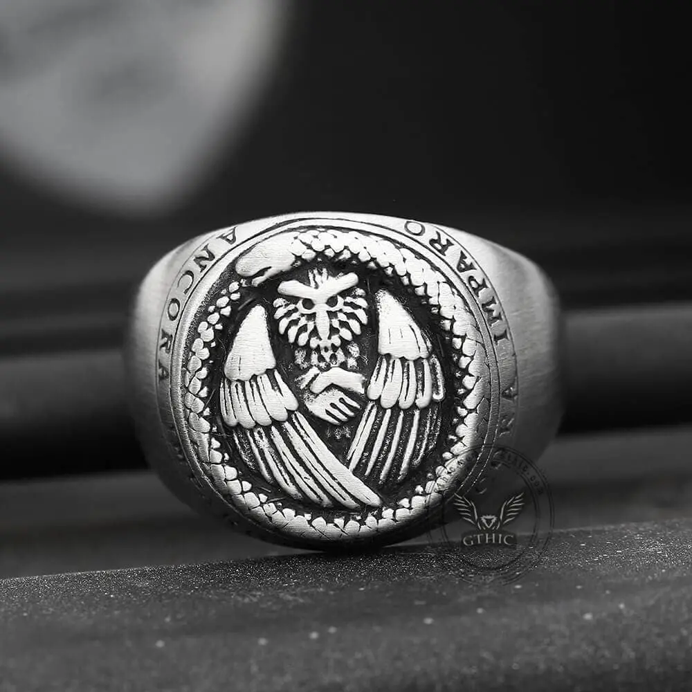 GTHIC Unisex 21mm Norse Mythology Owl-and-Ouroboros Durable Stainless Steel Ring - Symbolic Artificial Gemstone Jewelry, Casual Daily Wear Adult Comfort-Fit Accessory