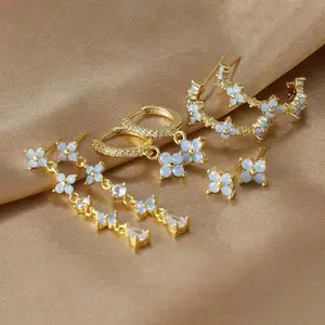 Ins-ste blue flower-shaped earrings, copper plated with 18K real gold and zirconium diamond flower-shaped ear rings, jewelry earrings,earring woman jewelry