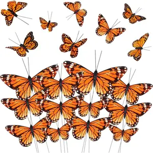 24 Pcs Monarch Butterfly Decorations 4 Size Artificial Monarch Feather Fake Butterfly Picks Crafts with Wire for Wall Flower Pot Spring Floral Party Home Decor(Orange)