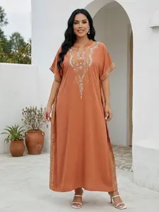 Women's Ethnic Pattern Embroidering Notched Neck Dress Gamis, Boho Casual Kaftan, Boho Loose Batwing Sleeve Long Dress for Summer Beach Holiday Vacation Party, Summer Outfits 2024, Ladies Clothes for Summer