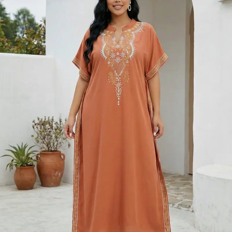 Women's Ethnic Pattern Embroidered Notched Neck Dress Gamis Caftans Loose Batwing Sleeve Maxi Long Dress for Summer Beach Holiday Vacation Party, Embroidered Muslim Dress Islamic Clothing