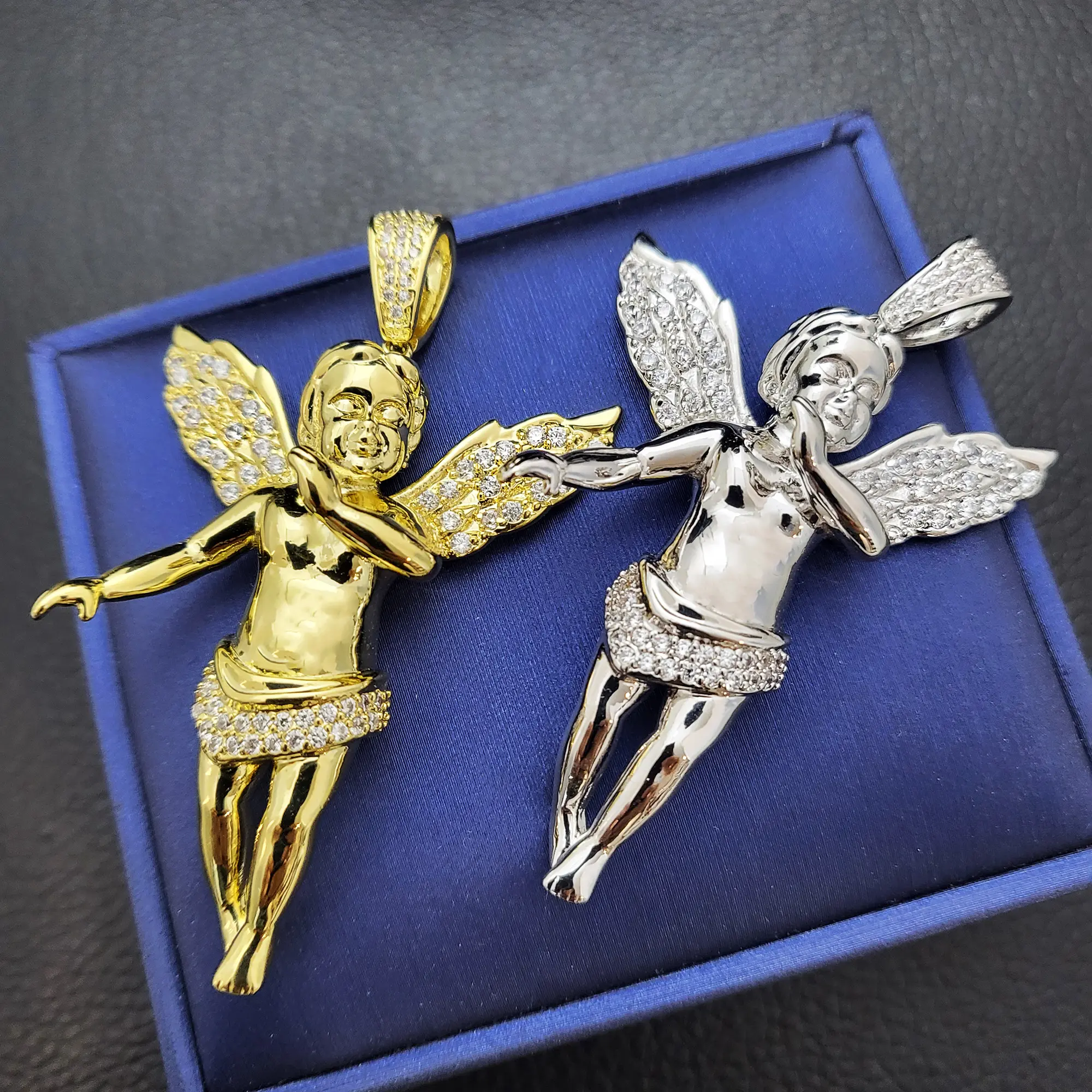 MaxBling81 Unisex AAA+ High-End Simulated Diamond Gold-Plated Brass Angel Charm Pendant, 50x40mm, Casual Hip Hop Religious Rhinestone-Decorated Jewelry Accessory, Gold Plated Pendant