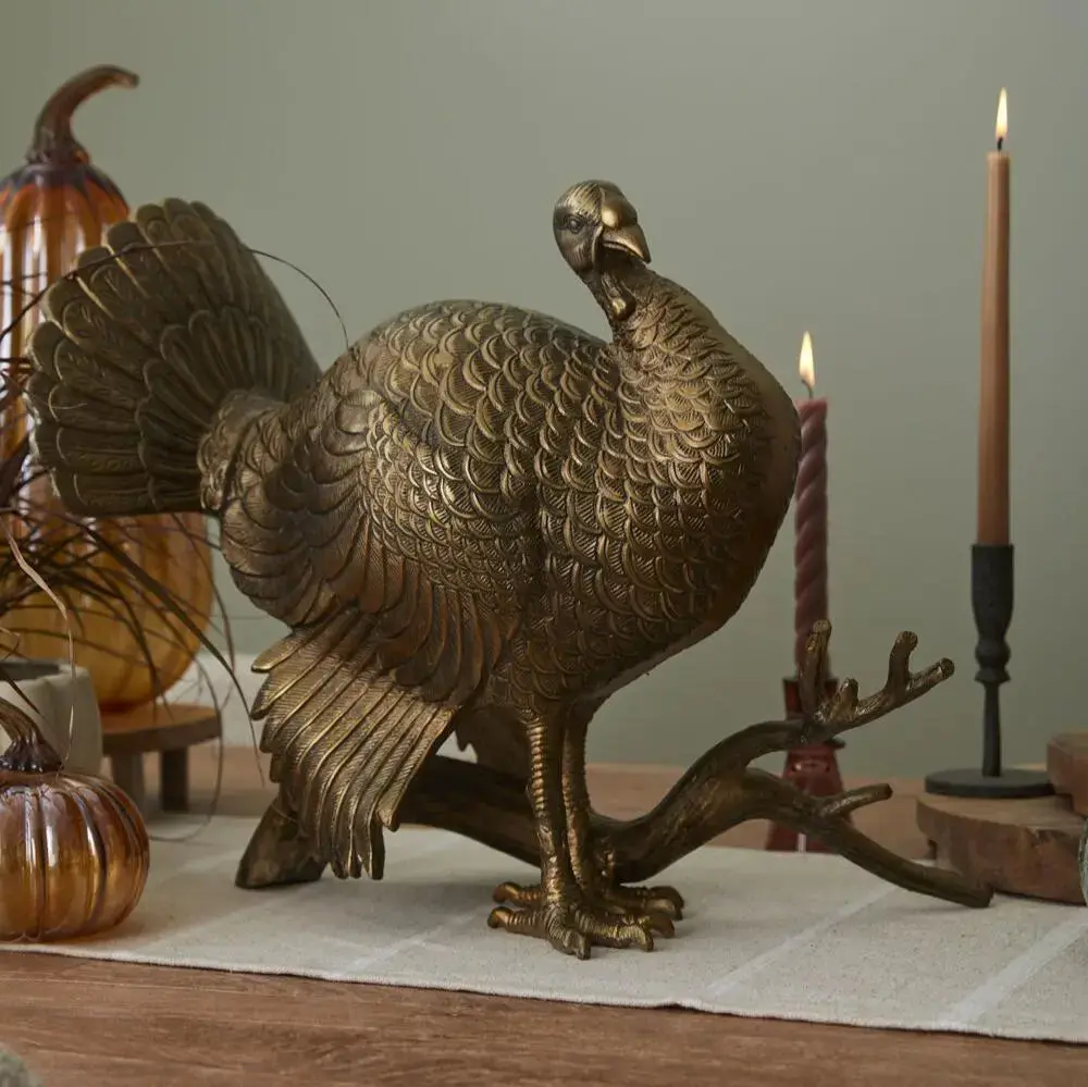 E+E Collection Traditional Rustic Turkey Shape Table Centerpiece - Antiqued Gold Aluminium, Perched on Branch, 21.25" L x 12" W x 16" H, 18 lbs, Decorative Fall Thanksgiving Bronzed Home Festive Tabletop Decor