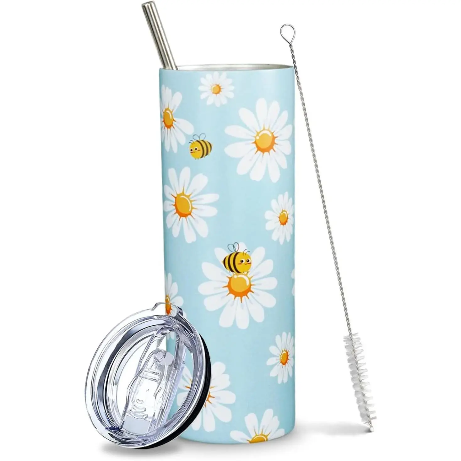 Daisy Floral Bee 20 Oz Skinny Tumbler - Stainless Steel Thermal Insulated Water Bottle, Classic Portable Coffee Travel Mug with Straw, Yellow Blue Women's Birthday Gift, Honey Bee Flower Decor Kitchenware Flask, Bottles, Water Bottles