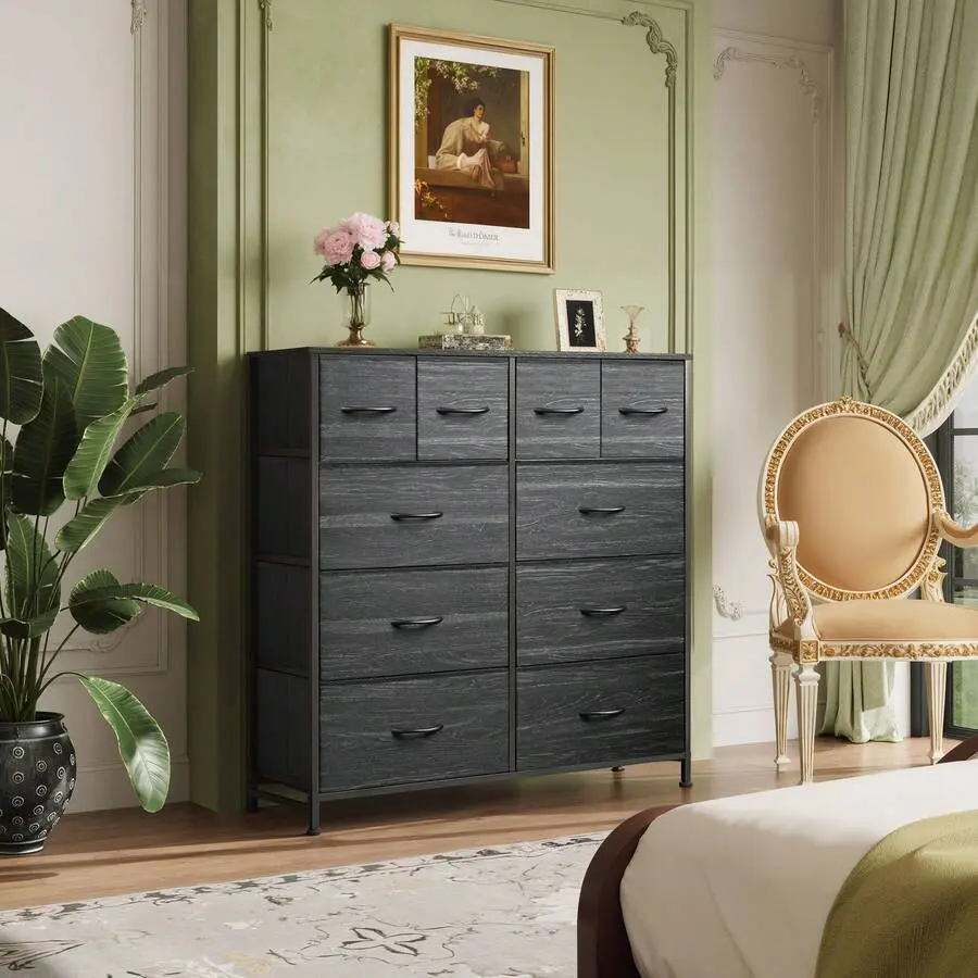 Rustic Brown Wood Grain Print Sturdy Wall-Mounted Floating Dresser - 10-Drawer Wide Classic Fabric Storage Unit, Adjustable Design, Assembly Required, Above 25 kg, Novelty Indoor Cupboard for Bedroom, Closet